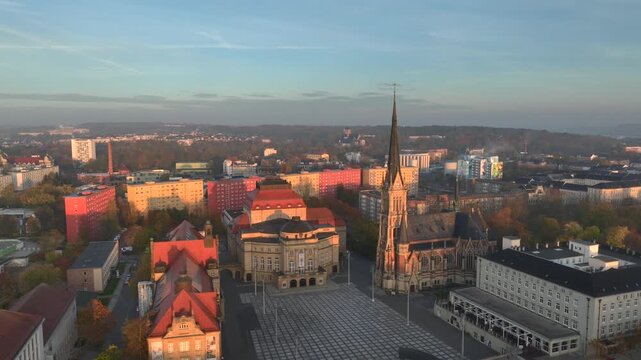 Chemnitz Townhall and Market Square. Chemnitz Rathaus in Saxony, Eastern Germany. Aerial Sunrise Time Soft Light.