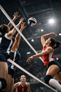 Intense volleyball match action shot.