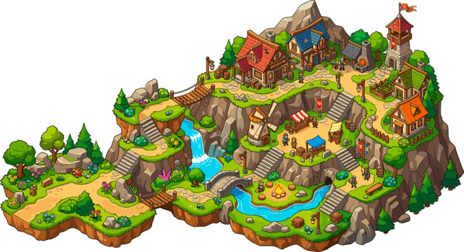 Detailed isometric fantasy village landscape with waterfall and houses