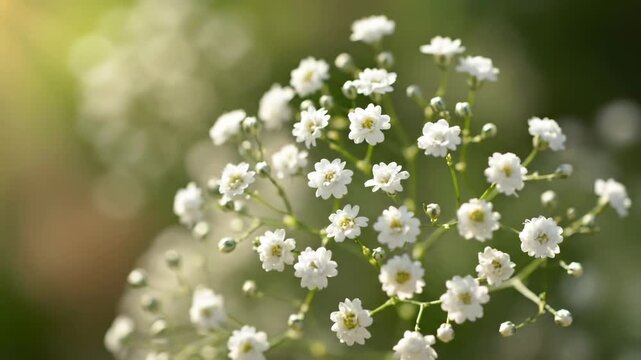 Delicate white gypsophila flowers blooming in a garden. Macro close up of baby's breath with beautiful soft focus bokeh. Natural floral banner for spring or wedding themes