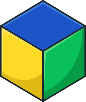 Geometric three-dimensional cube displaying blue yellow and green faces