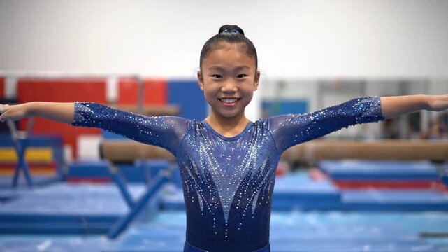 Happy young asian girl gymnast performing an artistic routine sequence. Cheerful child athlete in a blue leotard smiling at the camera during practice