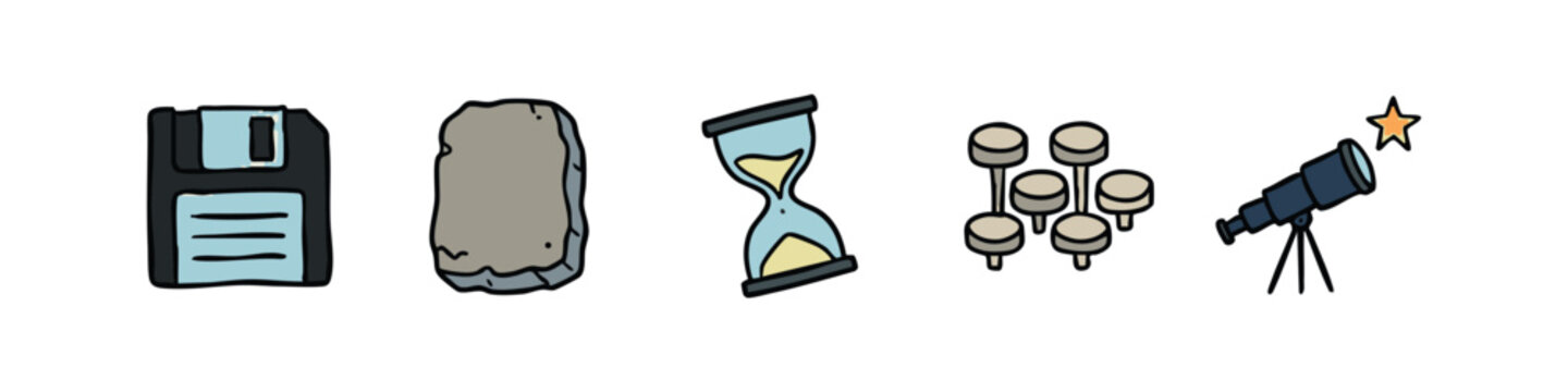 Data, Time, and Observation Icons - Hand-Drawn Floppy Disk, Stone Tablet, Hourglass, Tokens, Telescope