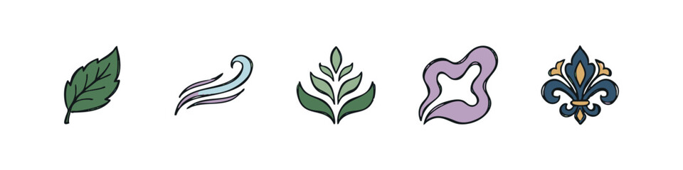 Obraz premium Organic nature and symbolic icons set featuring leaf, wind gust, floral motif and fleur-de-lis