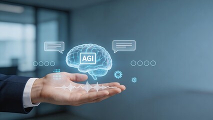 Fototapeta premium Businessman holding holographic AGI brain with digital interface icons representing artificial general intelligence machine learning neural networks and future technology