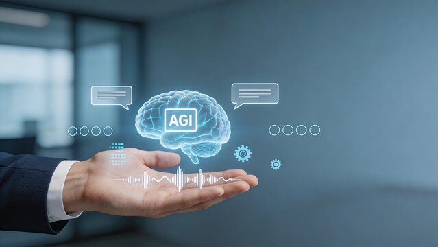 Businessman holding holographic AGI brain with digital interface icons representing artificial general intelligence machine learning neural networks and future technology