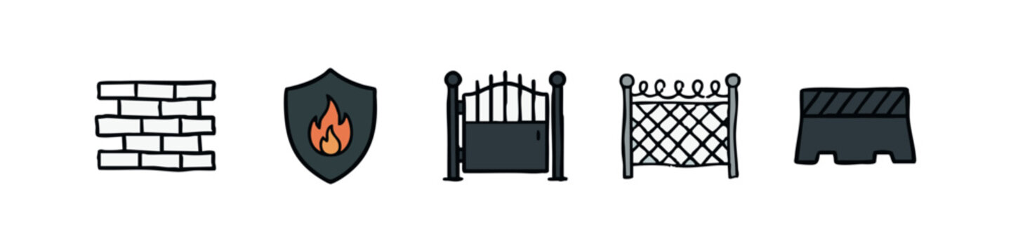 Safety and Barrier Icon Set with Brick Wall Fire Shield Gate Fence and Traffic Block