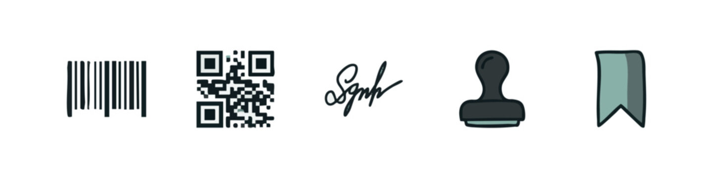 Commercial and administrative icons with barcode qr code signature stamp and ribbon