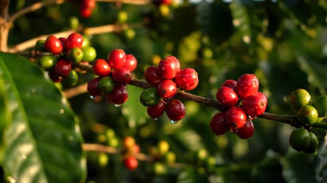 Ripe red and green arabica coffee beans growing on a branch at a plantation. Fresh cherries with water drops ready for harvest in the morning sun