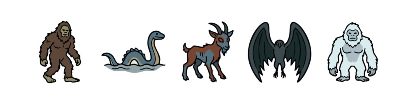 Set of Cartoon Cryptid Monsters Featuring Bigfoot Nessie Chupacabra Mothman and Yeti