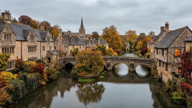 Charming english village of castle combe in the cotswolds with beautiful autumn colors. Historic stone cottages and a bridge over the river bybrook. Famous uk travel landmark