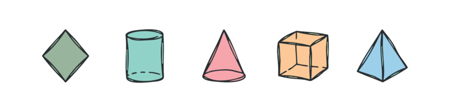 Educational 3D Geometric Shapes Icons Featuring Cube Cylinder Cone and Pyramid Prisms