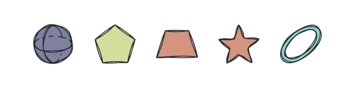 Hand Drawn Geometry Icons Including Sphere Pentagon Trapezoid Star and Torus Shapes