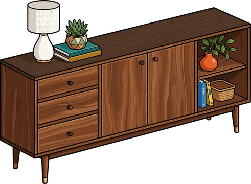 Mid-century modern wooden sideboard with drawers and decor