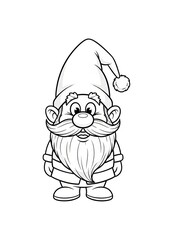 Naklejka premium Cheerful cartoon gnome with large beard and hat, line art