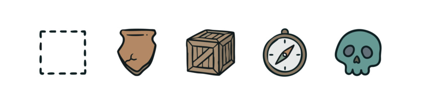 Lost Treasure and Historical Artifacts Icons Set with Map Potter Crate Compass and Skull