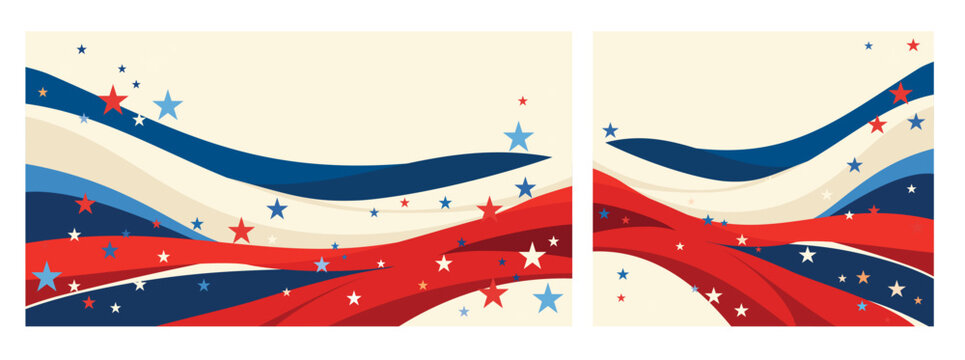 July 4th Independence Day. Set of vector banners featuring flowing red, white, blue waves, stars on a white background. For patriotic posters, social media graphics, holiday promotions. Modern design
