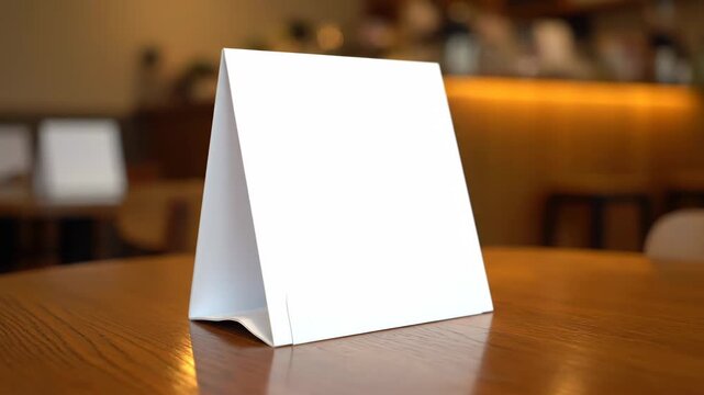 Blank white table tent mockup on a wooden table in a restaurant or cafe. Empty paper menu holder for advertising and promotional messages