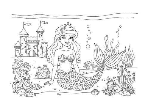 Cartoon mermaid sitting inside underwater castle with coral, line art