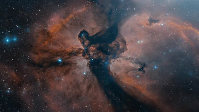 Spectacular flight through the star-forming region of the carina nebula. A cosmic landscape of glowing interstellar gas, dark dust pillars, and bright blue stars