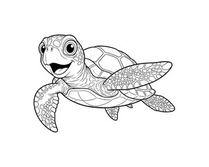 Fototapeta premium Smiling cartoon sea turtle waving flipper underwater with coral and seaweed
