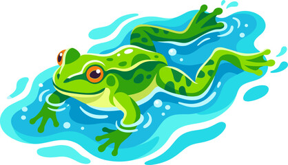 Fototapeta premium Spotted green frog swims through clear blue pond water