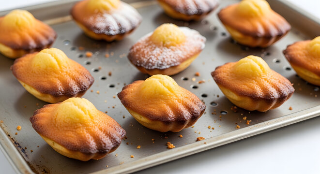 Freshly baked French sea shelled shaped cakes or Madeleine, on a metal tray out of the oven