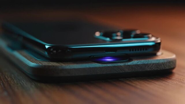 Mobile phone wireless charging on wooden pad