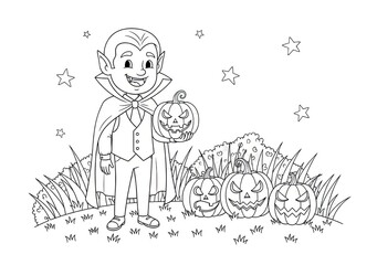 Fototapeta premium Boy in vampire costume holding a jack-o-lantern pumpkin among pumpkins