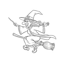 Fototapeta premium Witch on a broomstick flying with a magic wand and bubbly potion