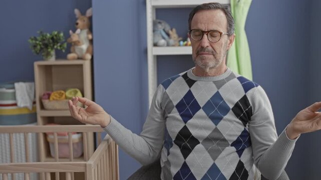 Man middle age wearing glasses and argyle sweater sitting with palms up beside wooden crib and stuffed toys in studio; calm bonding.