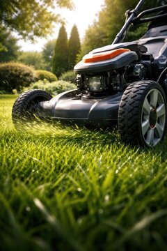 Lawnmower cutting grass in sunlight.