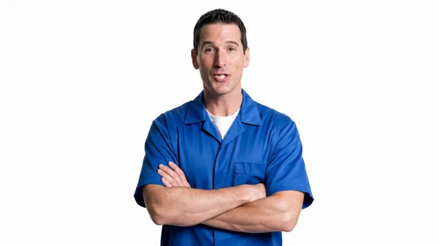 Caucasian male technician in a blue uniform showing a range of emotions. Portrait set of a friendly worker smiling, talking, and laughing. Isolated on white for service industry advertising