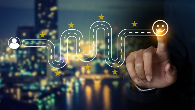 Customer Journey and Satisfaction Experience Concept. Interacts with a digital interface customer journey, marked by stars and ending with a glowing smiley face, service satisfaction, user experience