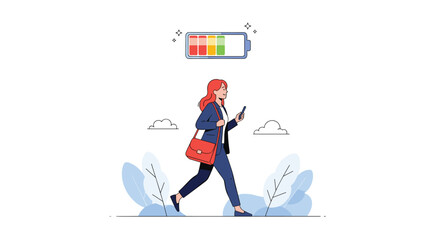Fototapeta premium Professional woman in a blue suit walking and using her phone with a battery level indicator floating above her.