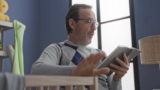 Man middleage wearing glasses and argyle sweater reads book and holds it with one hand near a wooden crib in nursery; tenderness bonding parenthood.