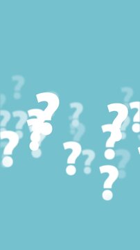 White question marks loop animation on a light blue background. Seamless abstract background perfect for concepts of uncertainty, FAQ, searching for answers, and mystery