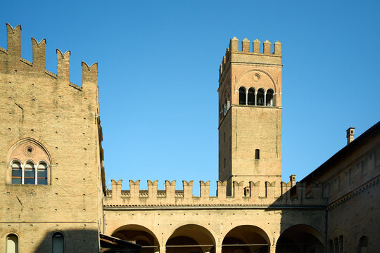 Palazzo re enzo tower and porticos in bologna
