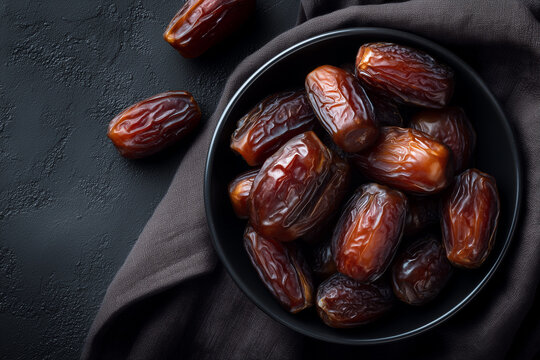 Medjool dates in black bowl on dark background
