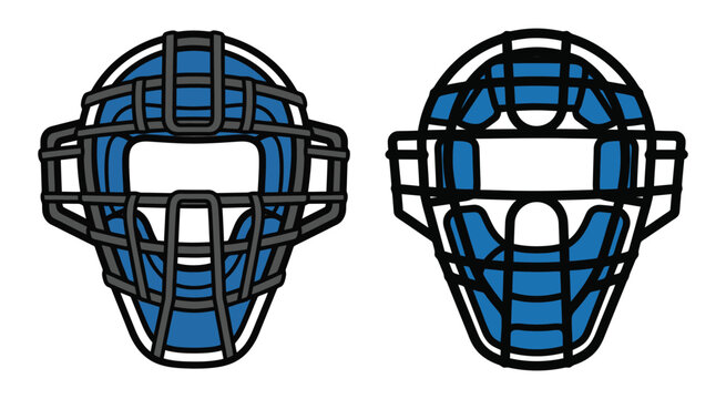 Two professional baseball catcher masks with blue padding and black protective metal cages in a flat vector style