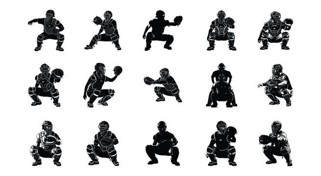 Collection of black silhouette baseball catcher poses showing various crouching positions and gear in vector style