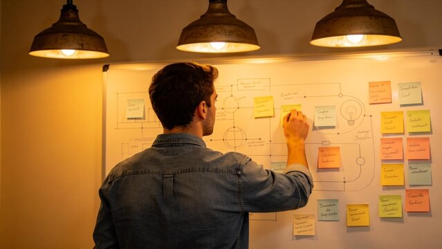 Man working on whiteboard with sticky notes