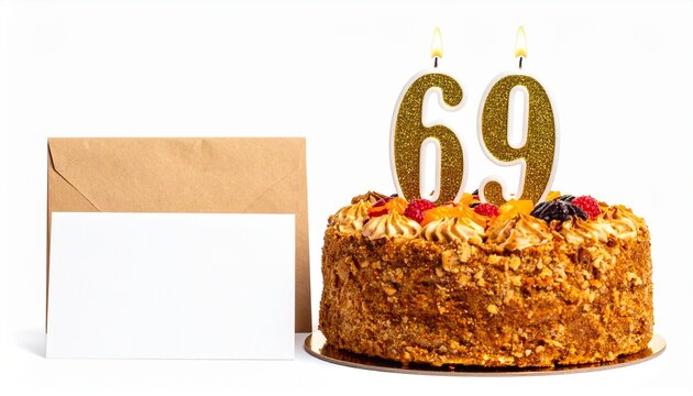 Birthday cake with number 69 candle and blank card with room for own message