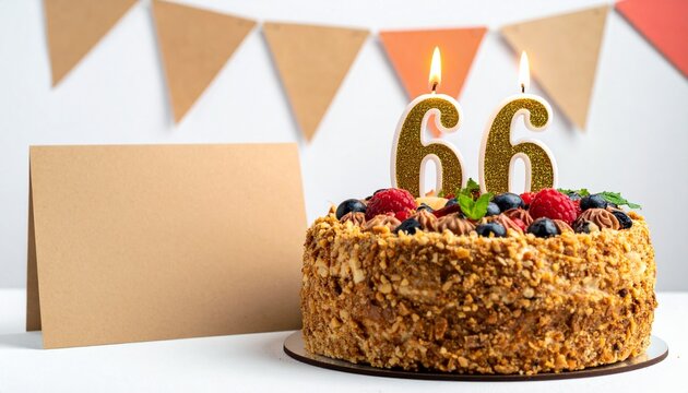 Birthday cake with number 66 candle and blank card with room for own message