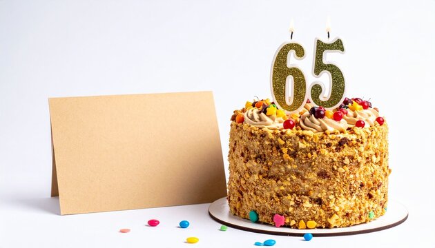 Birthday cake with number 65 candle and blank card with room for own message