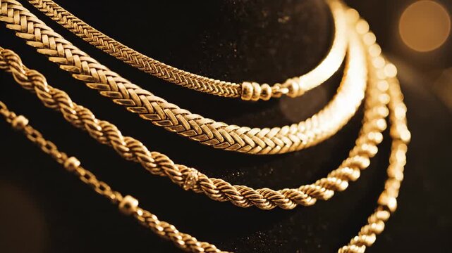 Golden jewelry chains on dark background luxurious fashion accessory