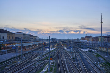 Fototapeta premium Bologna centrale railway station tracks at sunset
