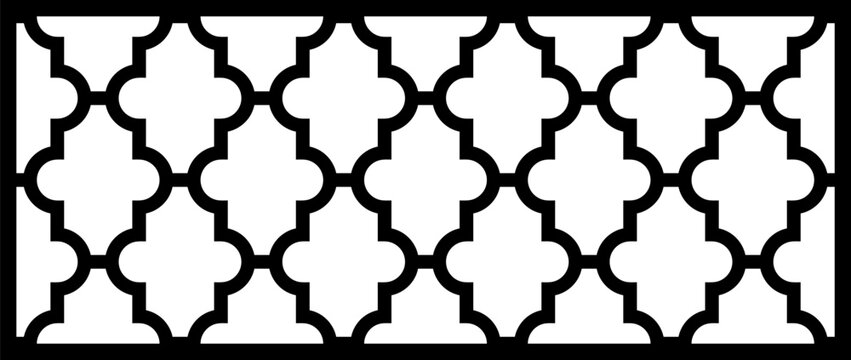 Vector illustration of an rectangular architectural panel with a Moroccan quatrefoil or lattice pattern. This geometric design is optimized as a template for laser cutting and CNC milling.