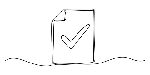 A single continuous line drawing of a document page icon featuring a prominent check mark symbol Vector, illustration © Jotish_Design Store