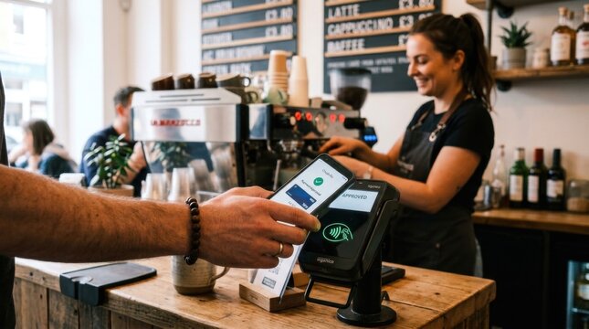 Contactless Mobile Payment Transaction at a Modern Coffee Shop